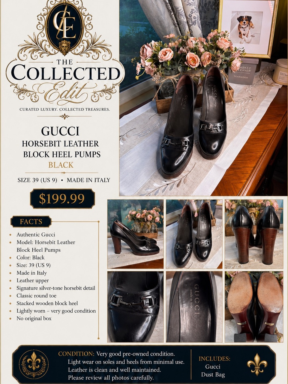 Gucci Black Leather Horsebit Block Heel Pumps